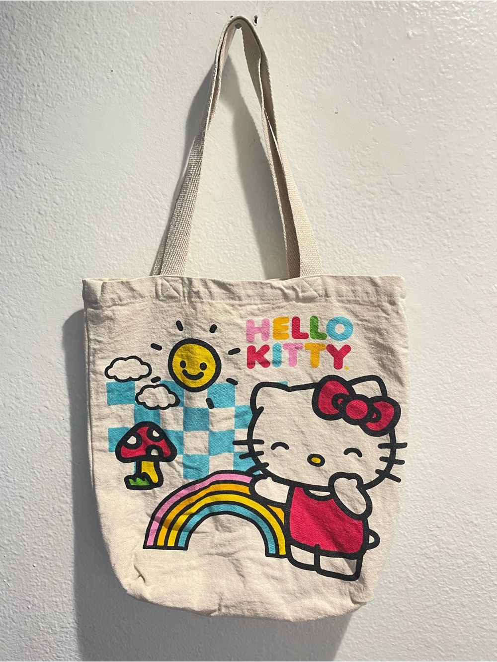 🌈 Sanrio Hello Kitty Rainbow Smiles 13.5" Canvas Tote 🌤️🍄